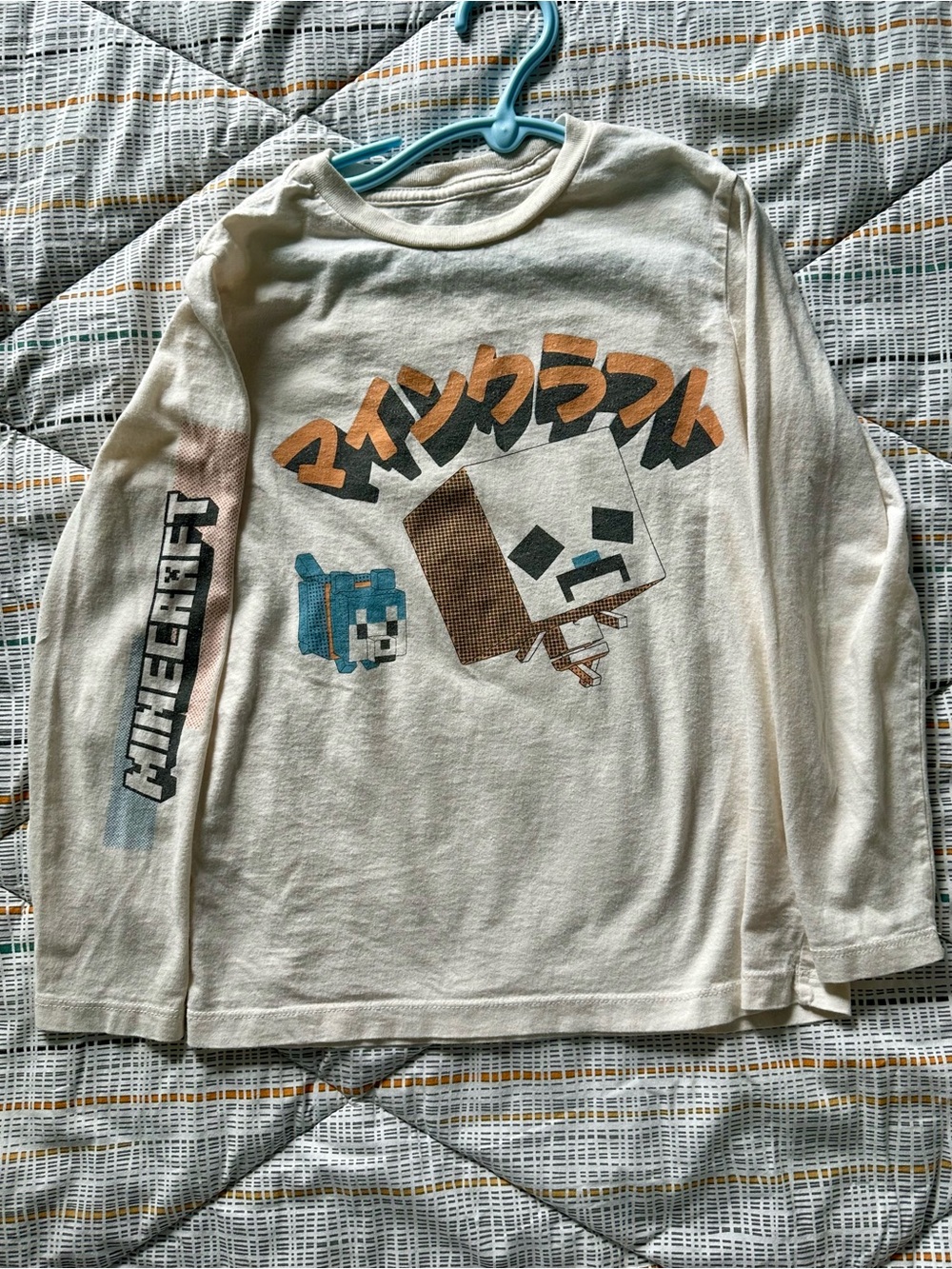 Old Navy Cream Minecraft Long-Sleeve Graphic Tee with Blue & Orange Accents